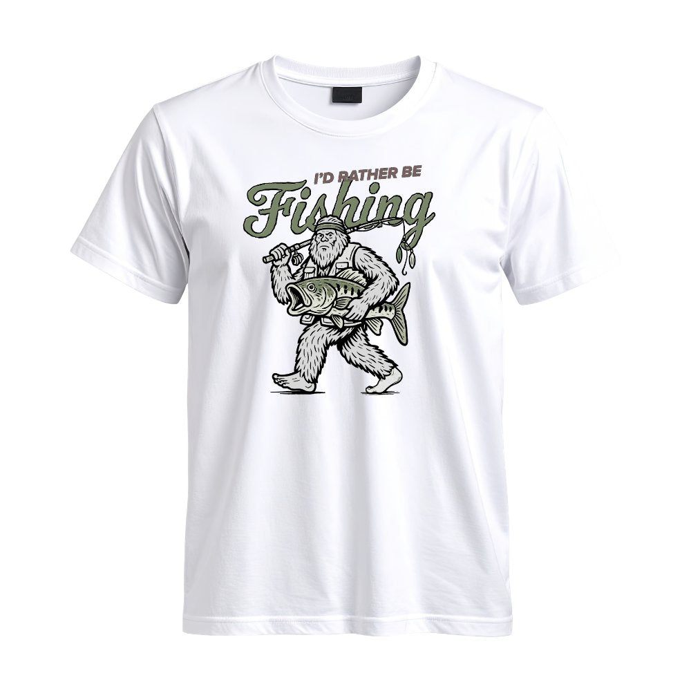 May include a graphic t-shirt featuring the phrase “I’d Rather Be Fishing” designed for fishing and lake life enthusiasts.