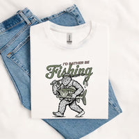 Thumbnail for May include a graphic t-shirt featuring the phrase “I’d Rather Be Fishing” designed for fishing and lake life enthusiasts.