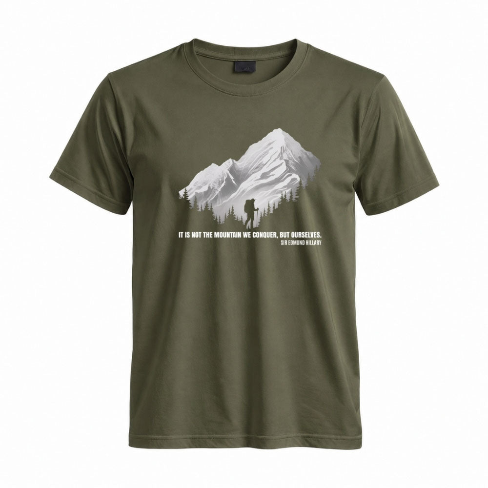 May include a Military Green It Is Not the Mountain We Conquer but Ourselves T-Shirt featuring an inspirational mountain quote graphic for hikers, climbers, campers, and mountain lovers.