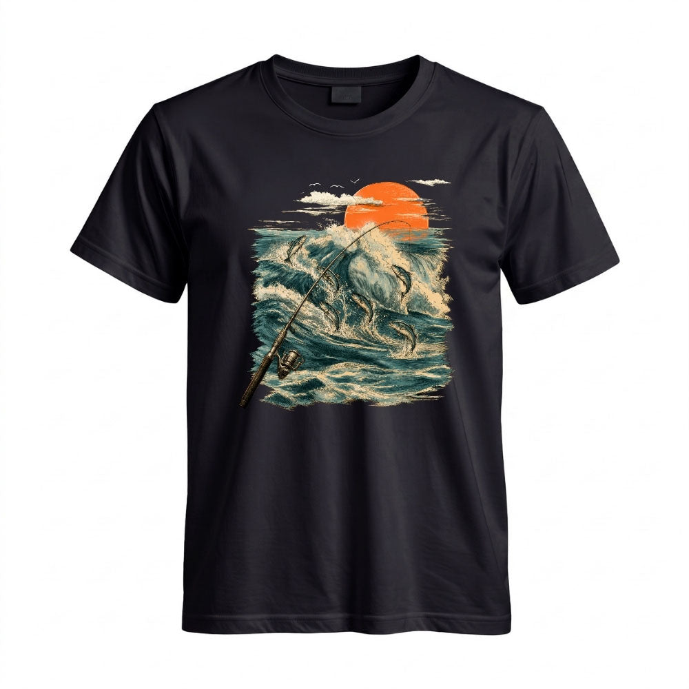 May include a Black Jumping Fish & Ocean Waves T-Shirt featuring a leaping fish, fishing rod, crashing ocean waves, and a vibrant sunset graphic for anglers, boaters, and ocean adventure enthusiasts.