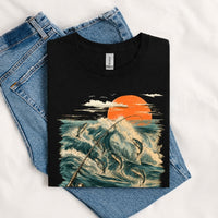 Thumbnail for May include a Black Jumping Fish & Ocean Waves T-Shirt featuring a leaping fish, fishing rod, crashing ocean waves, and a vibrant sunset graphic for anglers, boaters, and ocean adventure enthusiasts.