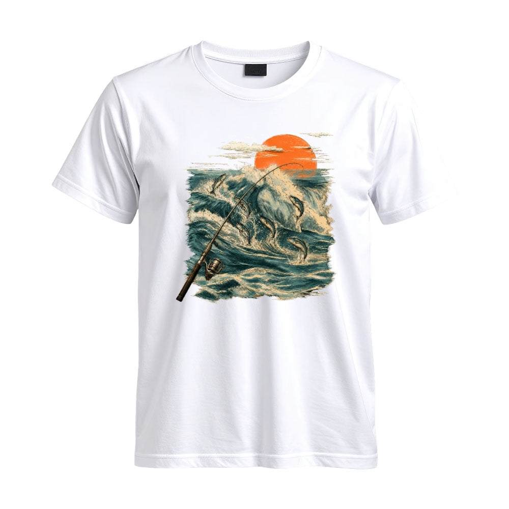 May include a White Jumping Fish & Ocean Waves T-Shirt featuring a leaping fish, fishing rod, crashing ocean waves, and a vibrant sunset graphic for anglers, boaters, and ocean adventure enthusiasts.