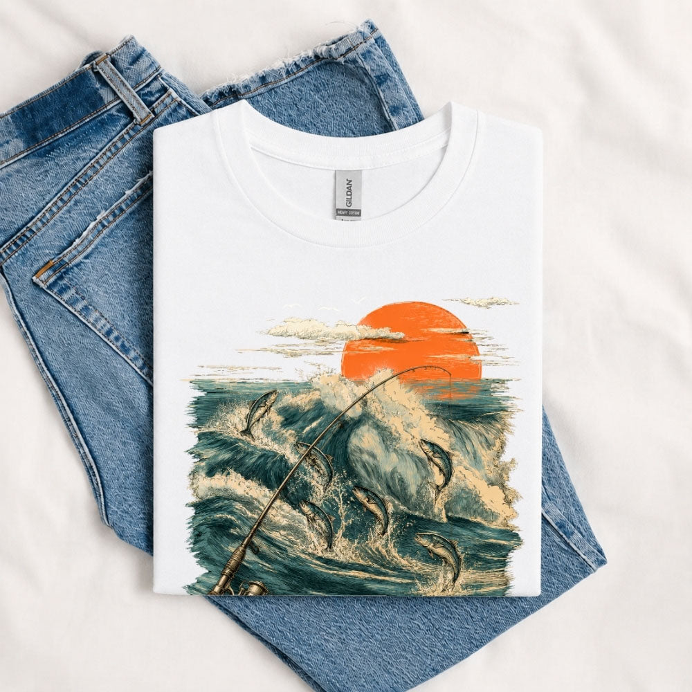 May include a White Jumping Fish & Ocean Waves T-Shirt featuring a leaping fish, fishing rod, crashing ocean waves, and a vibrant sunset graphic for anglers, boaters, and ocean adventure enthusiasts.