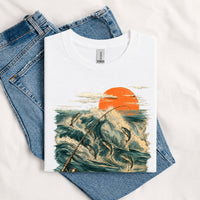 Thumbnail for May include a White Jumping Fish & Ocean Waves T-Shirt featuring a leaping fish, fishing rod, crashing ocean waves, and a vibrant sunset graphic for anglers, boaters, and ocean adventure enthusiasts.