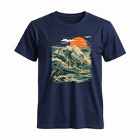 Thumbnail for May include a Navy Jumping Fish & Ocean Waves T-Shirt featuring a leaping fish, fishing rod, crashing ocean waves, and a vibrant sunset graphic for anglers, boaters, and ocean adventure enthusiasts.