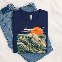 Thumbnail for May include a Navy Jumping Fish & Ocean Waves T-Shirt featuring a leaping fish, fishing rod, crashing ocean waves, and a vibrant sunset graphic for anglers, boaters, and ocean adventure enthusiasts.