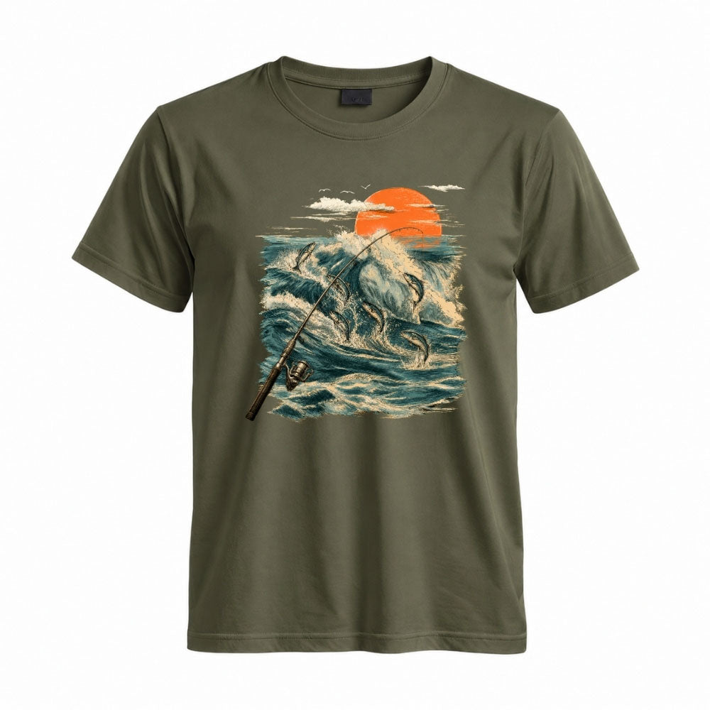 May include a Military Green Jumping Fish & Ocean Waves T-Shirt featuring a leaping fish, fishing rod, crashing ocean waves, and a vibrant sunset graphic for anglers, boaters, and ocean adventure enthusiasts.