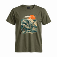 Thumbnail for May include a Military Green Jumping Fish & Ocean Waves T-Shirt featuring a leaping fish, fishing rod, crashing ocean waves, and a vibrant sunset graphic for anglers, boaters, and ocean adventure enthusiasts.