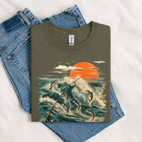 Thumbnail for May include a Military Green Jumping Fish & Ocean Waves T-Shirt featuring a leaping fish, fishing rod, crashing ocean waves, and a vibrant sunset graphic for anglers, boaters, and ocean adventure enthusiasts.
