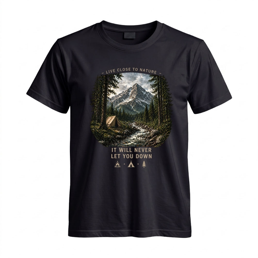 May include a Black Live Close to Nature It Will Not Let You Down T-Shirt featuring an inspirational mountain graphic for hikers, campers, backpackers, and nature lovers.