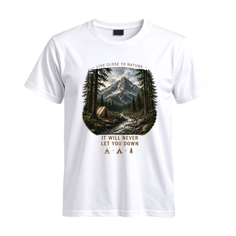 May include a White Live Close to Nature It Will Not Let You Down T-Shirt featuring an inspirational mountain graphic for hikers, campers, backpackers, and nature lovers.