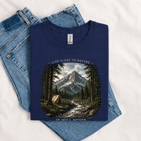 Thumbnail for May include a Navy Live Close to Nature It Will Not Let You Down T-Shirt featuring an inspirational mountain graphic for hikers, campers, backpackers, and nature lovers.