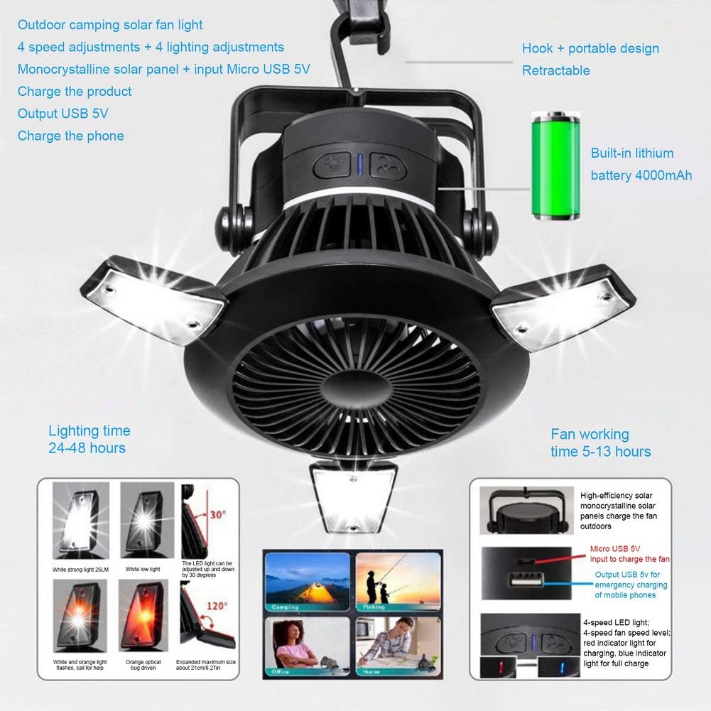 Portable Foldable Fan LED Solar Camping Lantern with Hook