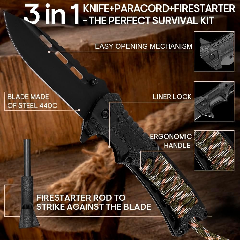 Tactical Folding Knife with Paracord, Whistle & Fire starter