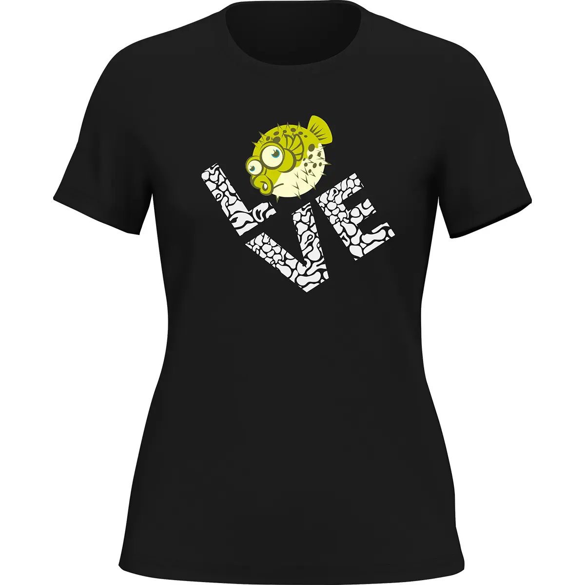 Love Fishing Green Blowfish Globe T-Shirt for Women