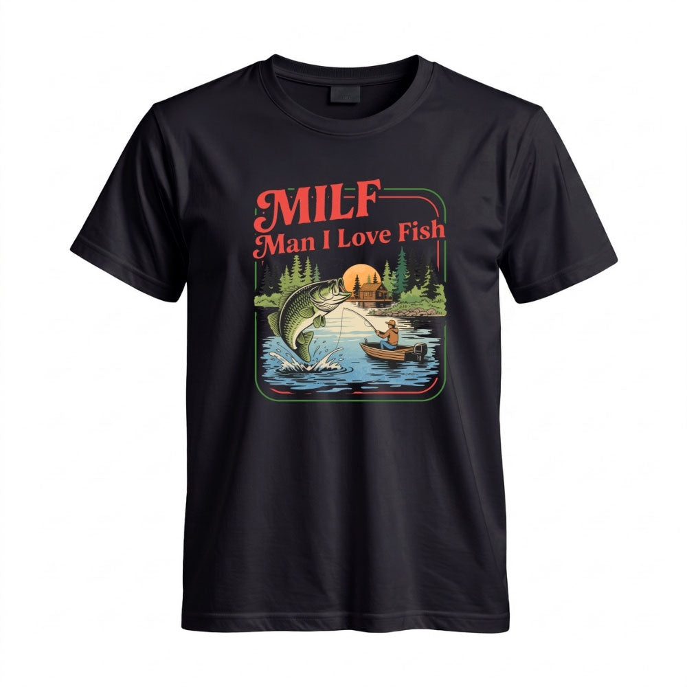 May include a Black person wearing the MILF Man I Love Fishing T-Shirt featuring a humorous fishing acronym graphic for anglers and outdoor enthusiasts.