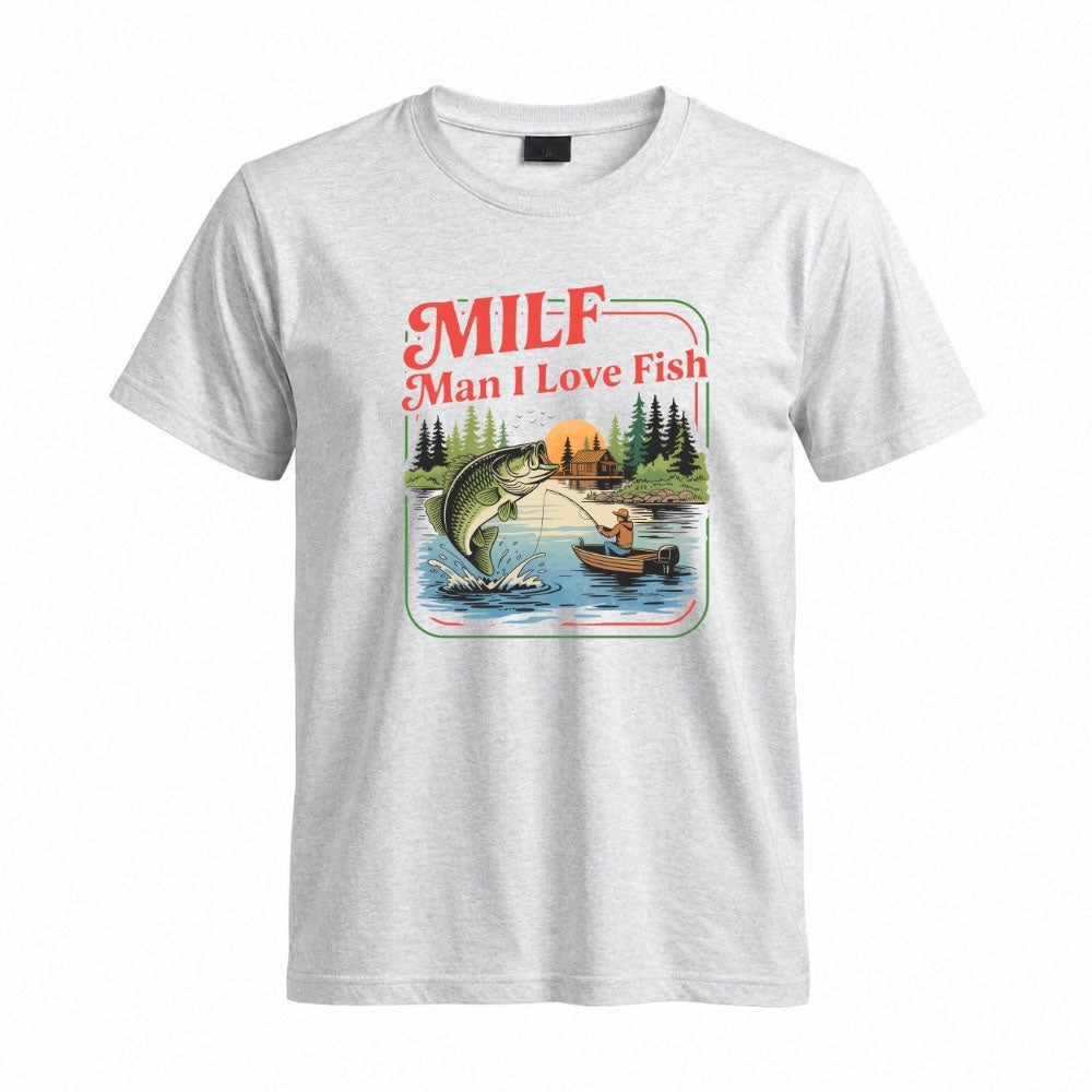 May include a Sport Grey person wearing the MILF Man I Love Fishing T-Shirt featuring a humorous fishing acronym graphic for anglers and outdoor enthusiasts.