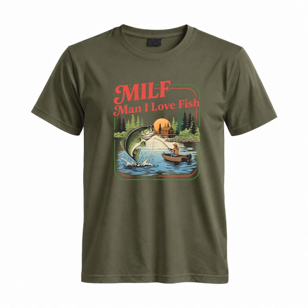May include a Military Green person wearing the MILF Man I Love Fishing T-Shirt featuring a humorous fishing acronym graphic for anglers and outdoor enthusiasts.