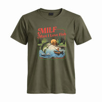 Thumbnail for May include a Military Green person wearing the MILF Man I Love Fishing T-Shirt featuring a humorous fishing acronym graphic for anglers and outdoor enthusiasts.
