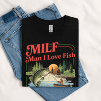 Thumbnail for May include a Black person wearing the MILF Man I Love Fishing T-Shirt featuring a humorous fishing acronym graphic for anglers and outdoor enthusiasts.