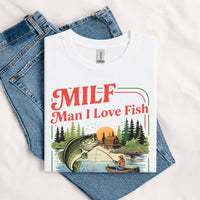 Thumbnail for May include a White person wearing the MILF Man I Love Fishing T-Shirt featuring a humorous fishing acronym graphic for anglers and outdoor enthusiasts.