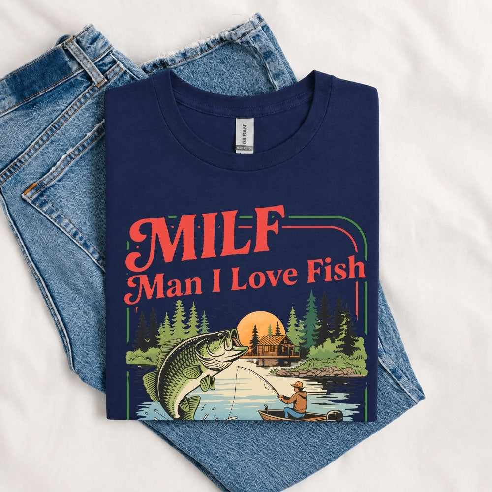 May include a Navy person wearing the MILF Man I Love Fishing T-Shirt featuring a humorous fishing acronym graphic for anglers and outdoor enthusiasts.