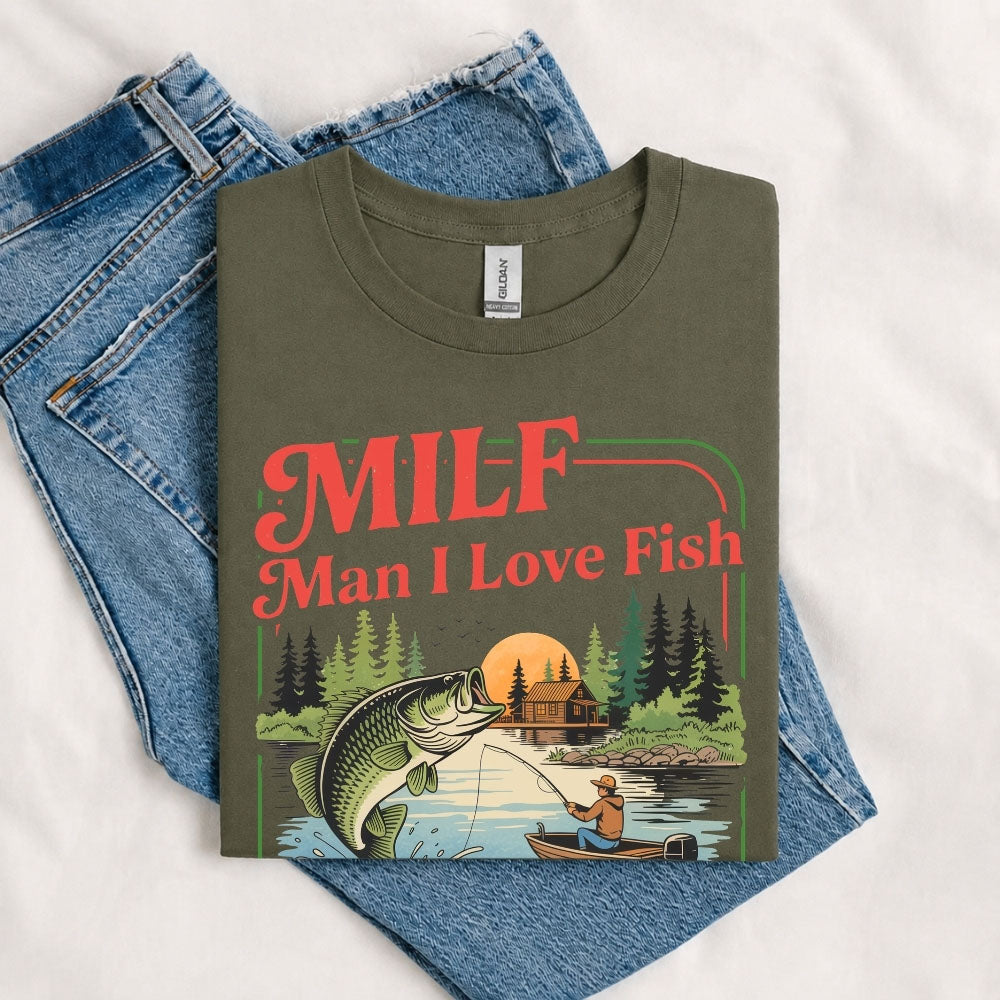 May include a Military Green person wearing the MILF Man I Love Fishing T-Shirt featuring a humorous fishing acronym graphic for anglers and outdoor enthusiasts.