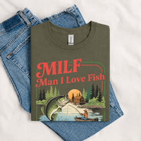 Thumbnail for May include a Military Green person wearing the MILF Man I Love Fishing T-Shirt featuring a humorous fishing acronym graphic for anglers and outdoor enthusiasts.
