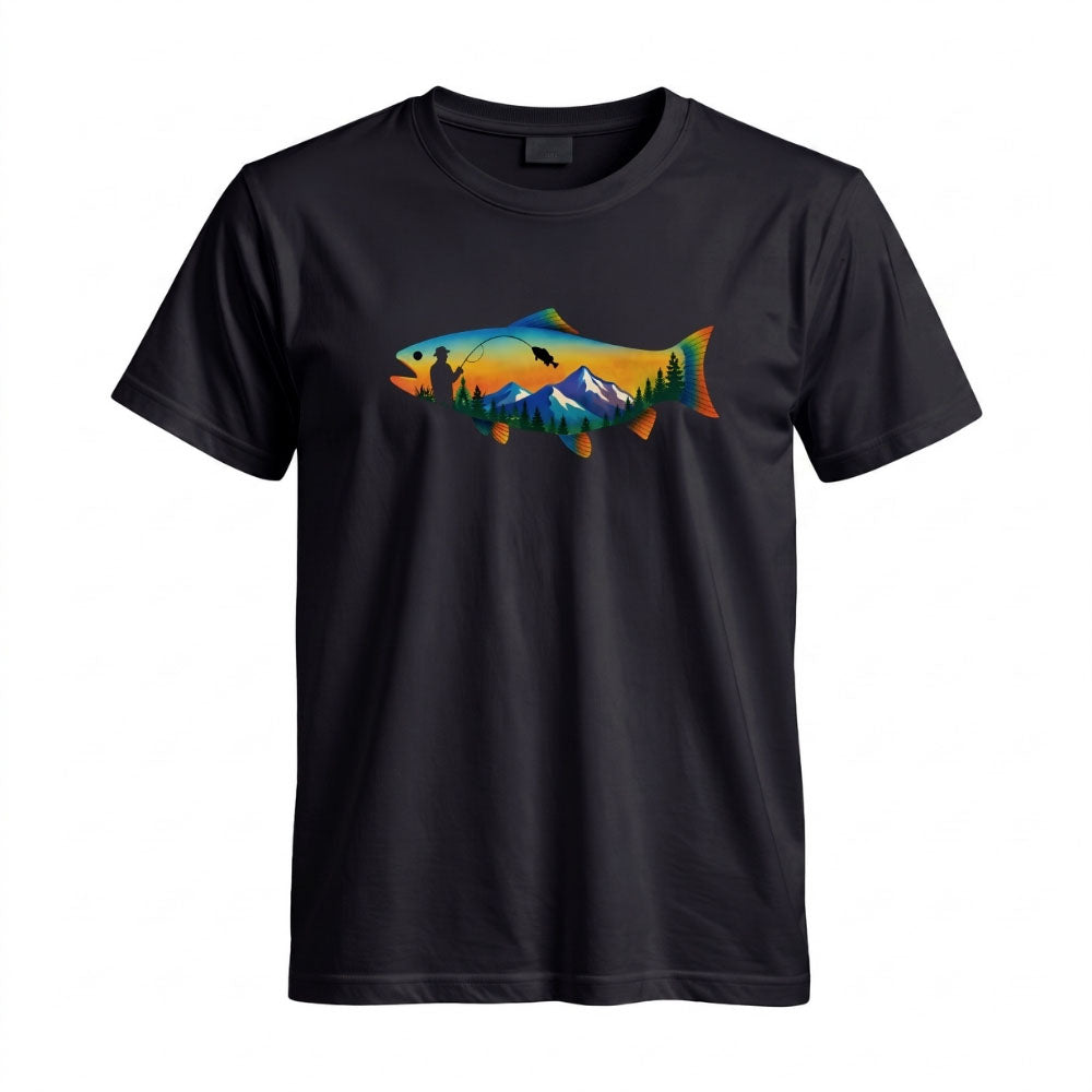 May include a Black person wearing the Mountain Fish Graphic Tee featuring a scenic mountain and fish graphic designed for nature lovers, hikers, and fishing enthusiasts.