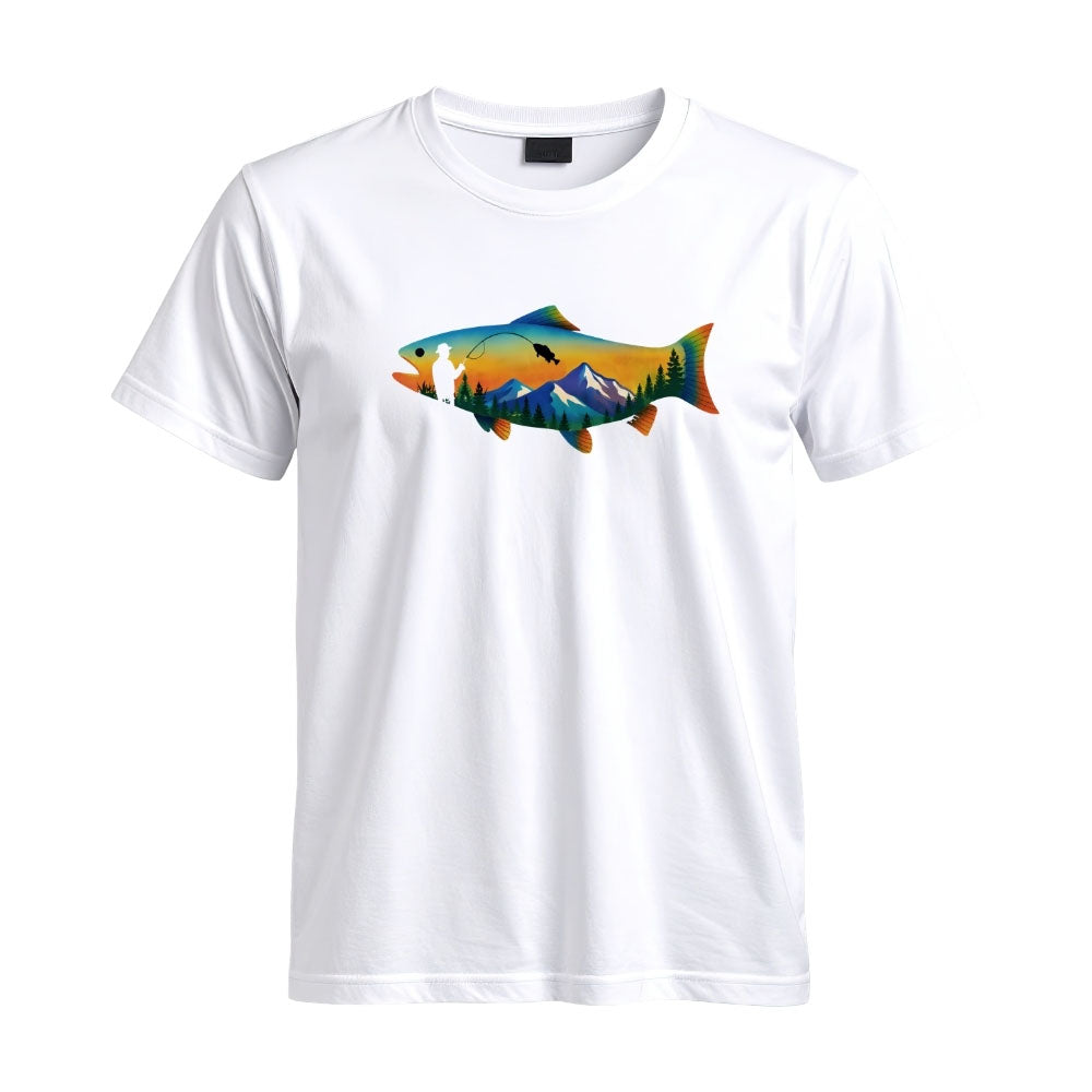 May include a White person wearing the Mountain Fish Graphic Tee featuring a scenic mountain and fish graphic designed for nature lovers, hikers, and fishing enthusiasts.