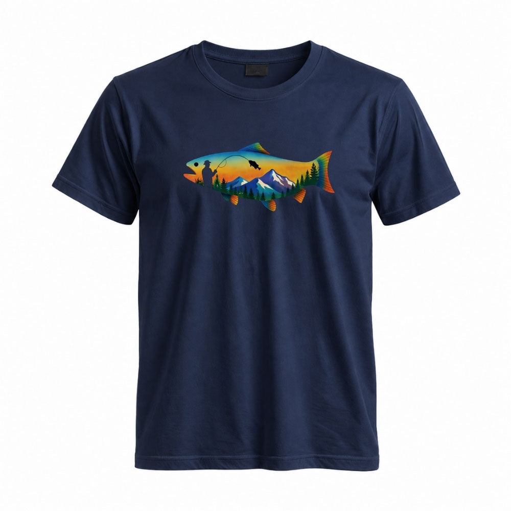 May include a Navy person wearing the Mountain Fish Graphic Tee featuring a scenic mountain and fish graphic designed for nature lovers, hikers, and fishing enthusiasts.