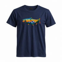 Thumbnail for May include a Navy person wearing the Mountain Fish Graphic Tee featuring a scenic mountain and fish graphic designed for nature lovers, hikers, and fishing enthusiasts.