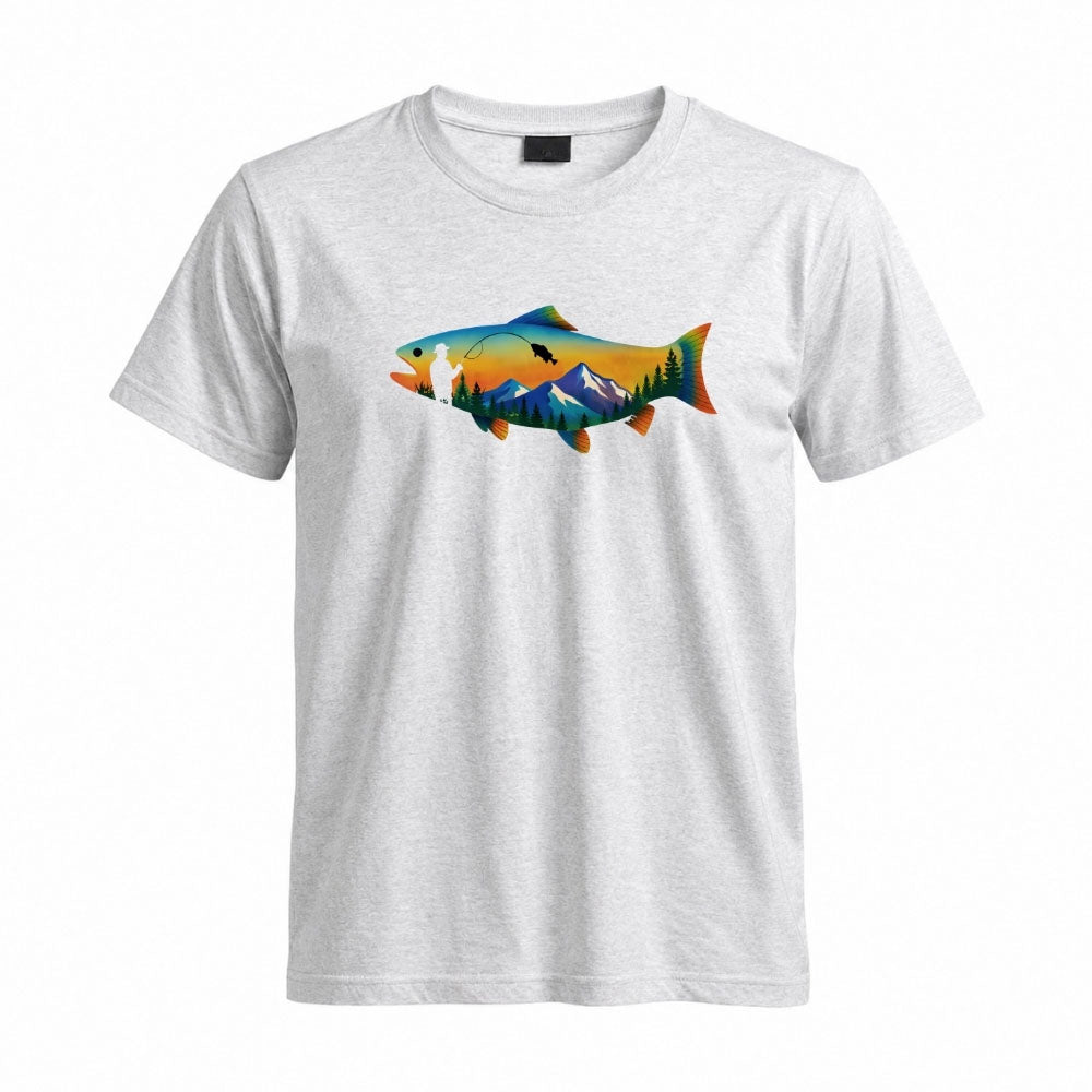 May include a Sport Grey person wearing the Mountain Fish Graphic Tee featuring a scenic mountain and fish graphic designed for nature lovers, hikers, and fishing enthusiasts.