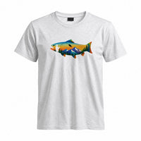 Thumbnail for May include a Sport Grey person wearing the Mountain Fish Graphic Tee featuring a scenic mountain and fish graphic designed for nature lovers, hikers, and fishing enthusiasts.