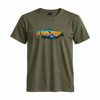 Thumbnail for May include a Military Green person wearing the Mountain Fish Graphic Tee featuring a scenic mountain and fish graphic designed for nature lovers, hikers, and fishing enthusiasts.
