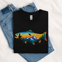 Thumbnail for May include a Black person wearing the Mountain Fish Graphic Tee featuring a scenic mountain and fish graphic designed for nature lovers, hikers, and fishing enthusiasts.