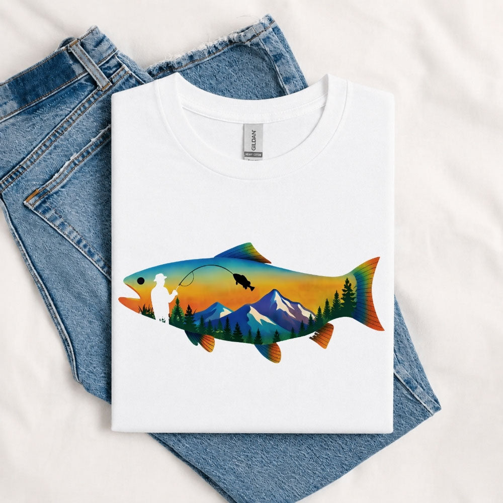 May include a White person wearing the Mountain Fish Graphic Tee featuring a scenic mountain and fish graphic designed for nature lovers, hikers, and fishing enthusiasts.