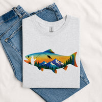 Thumbnail for May include a Sport Grey person wearing the Mountain Fish Graphic Tee featuring a scenic mountain and fish graphic designed for nature lovers, hikers, and fishing enthusiasts.