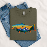 Thumbnail for May include a Military Green person wearing the Mountain Fish Graphic Tee featuring a scenic mountain and fish graphic designed for nature lovers, hikers, and fishing enthusiasts.
