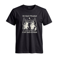 Thumbnail for May include a Black humorous hiking quote, mountain trail graphic, outdoor-themed design, casual T-shirt, and funny “No Bad Trails Just Bad Knees” message.