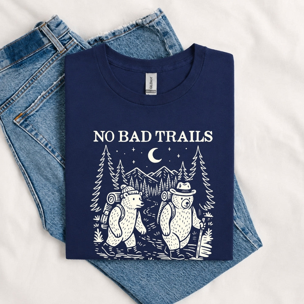 May include a Navy humorous hiking quote, mountain trail graphic, outdoor-themed design, casual T-shirt, and funny “No Bad Trails Just Bad Knees” message.