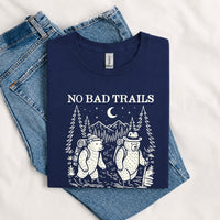Thumbnail for May include a Navy humorous hiking quote, mountain trail graphic, outdoor-themed design, casual T-shirt, and funny “No Bad Trails Just Bad Knees” message.