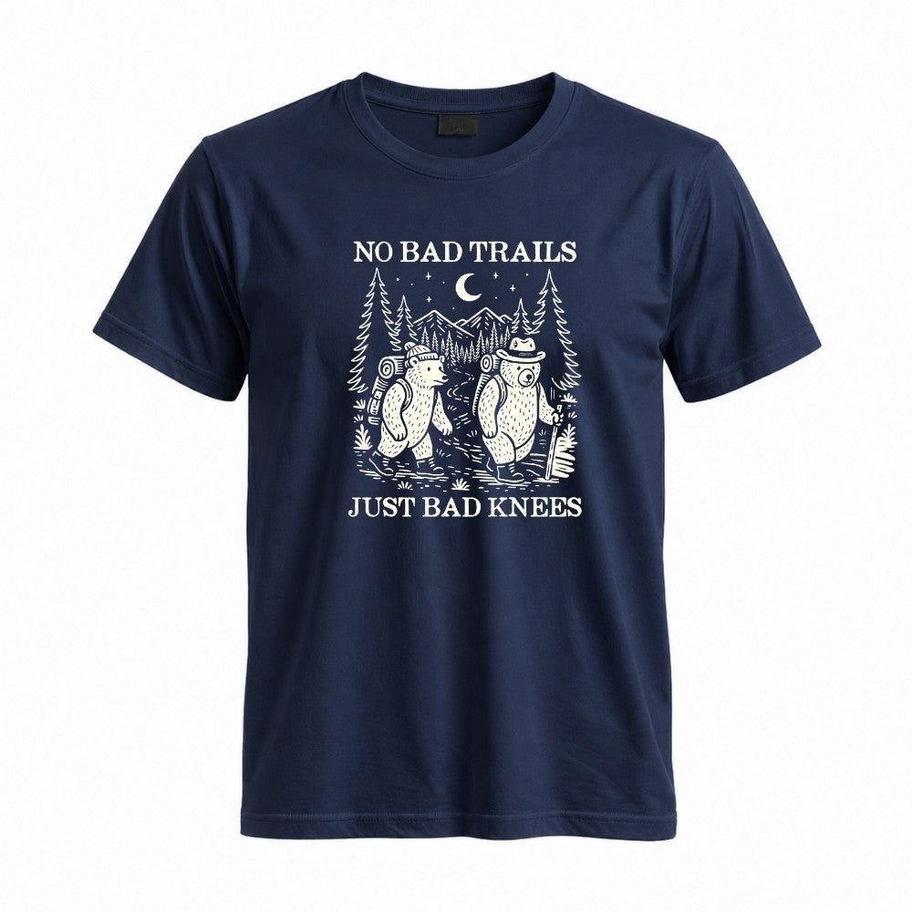May include a Navy humorous hiking quote, mountain trail graphic, outdoor-themed design, casual T-shirt, and funny “No Bad Trails Just Bad Knees” message.