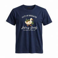Thumbnail for May include a Navy person wearing the Out of Breath Hiking Society T-Shirt featuring a humorous hiking graphic for nature lovers and outdoor enthusiasts.