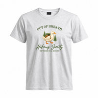 Thumbnail for May include a Sport Grey person wearing the Out of Breath Hiking Society T-Shirt featuring a humorous hiking graphic for nature lovers and outdoor enthusiasts.