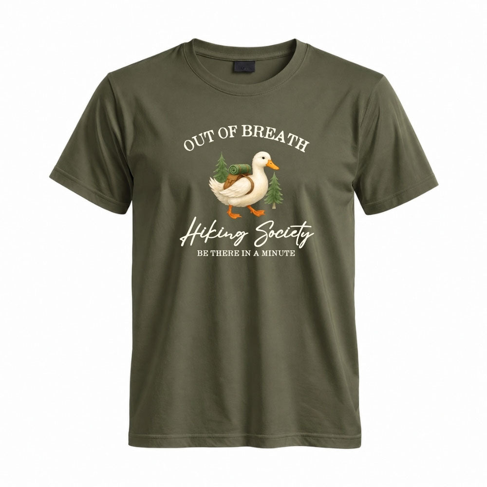 May include a Military Green person wearing the Out of Breath Hiking Society T-Shirt featuring a humorous hiking graphic for nature lovers and outdoor enthusiasts.