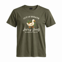 Thumbnail for May include a Military Green person wearing the Out of Breath Hiking Society T-Shirt featuring a humorous hiking graphic for nature lovers and outdoor enthusiasts.