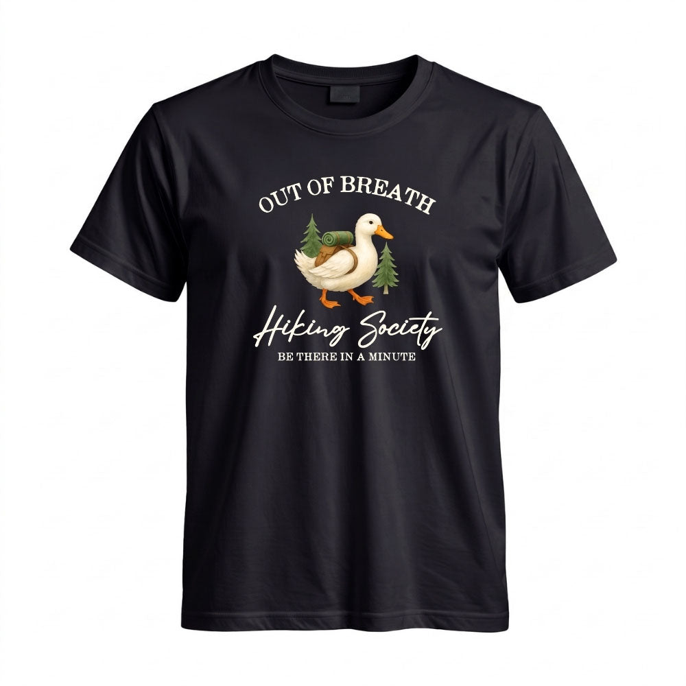 May include a Black person wearing the Out of Breath Hiking Society T-Shirt featuring a humorous hiking graphic for nature lovers and outdoor enthusiasts.