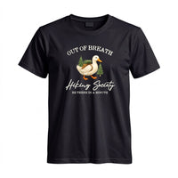 Thumbnail for May include a Black person wearing the Out of Breath Hiking Society T-Shirt featuring a humorous hiking graphic for nature lovers and outdoor enthusiasts.
