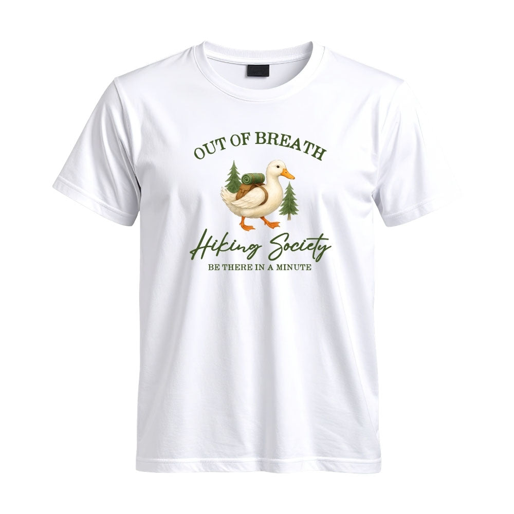 May include a White person wearing the Out of Breath Hiking Society T-Shirt featuring a humorous hiking graphic for nature lovers and outdoor enthusiasts.